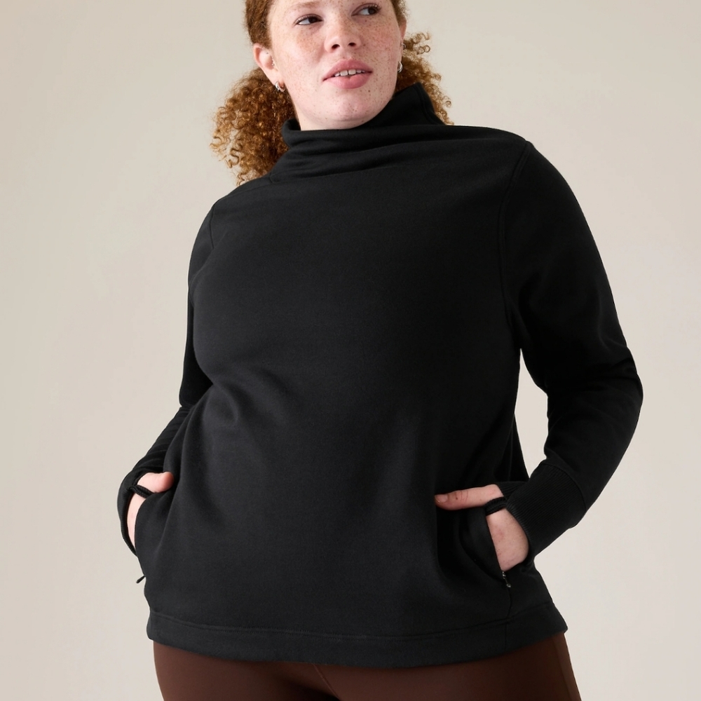 Athleta Cozy Karma Funnelneck sweatshirt pullover black fleece lined Large